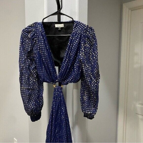 DELFI Collective Cerise Gown Size Small $648 Blue Polka Dot Metallic Gold - Picture 4 of 8